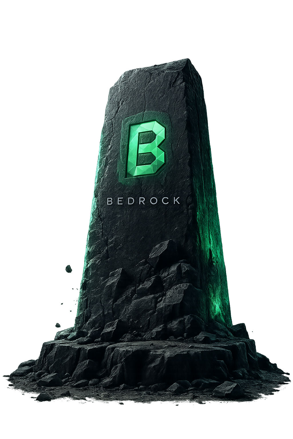 The Bedrock monolith: a stone obelisk inscribed with a glowing emerald B